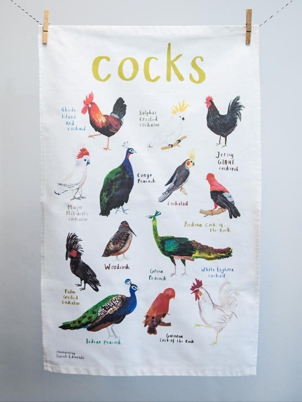 Sarah Edmonds Fowl Language 'C*cks' bird tea towel